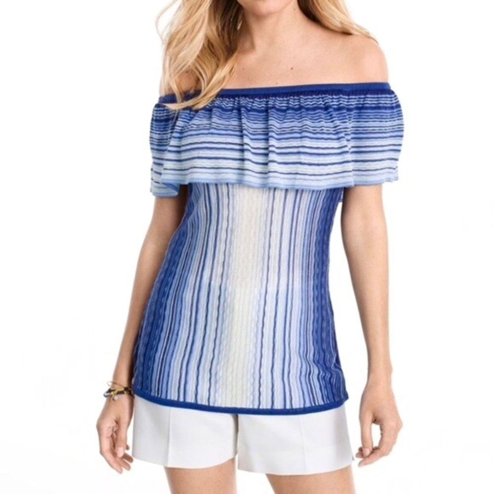 WH/BM Off The Shoulder Flounce Stripe Top, Size XL
